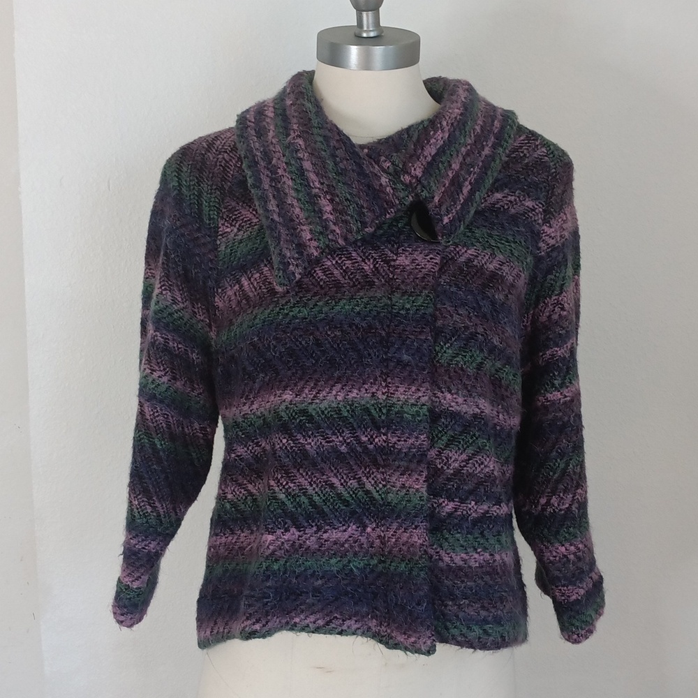 Avette Womens Sweater Cardigan Size M One-Button Poncho Style Fuzzy Mohair Blend